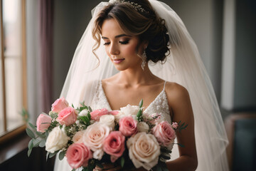 Naklejka premium The bride holds a beautiful wedding bouquet of pink and white flowers in her hands