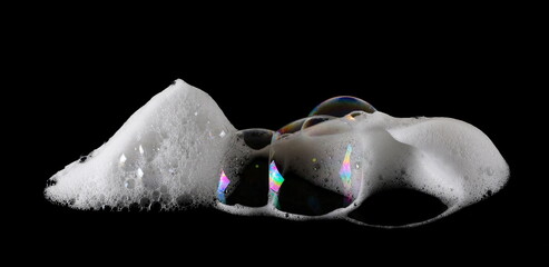 Soap foam, lather isolated on black, with clipping path, texture and background
