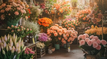a flower shop brimming with oversized blooms in shades of dark orange, light pink, and light beige, showcasing the abundance of nature in a captivating landscape photograph.