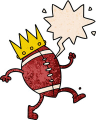 football and crown cartoon and speech bubble in retro texture style