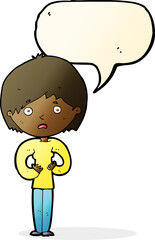 cartoon woman making Who Me? gesture with speech bubble