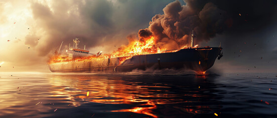 Massive cargo ship engulfed in flames at sea, a dramatic scene of marine disaster unfolding
