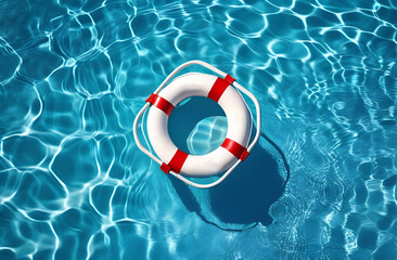 Naklejka premium Lifebuoy in blue water pool. Summer holiday insurance