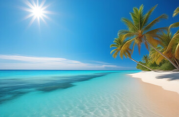Fototapeta na wymiar Ocean beach, sea coast with blue water and palm trees, sunny summer, paradise