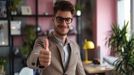 Fototapeta premium an attractive young man flashes a thumbs-up gesture at his office desk in the bustling, creating an inspiring image that embodies the fast-paced lifestyle and ambition of the city