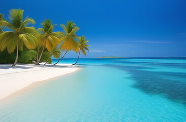 Fototapeta na wymiar Ocean beach, sea coast with turquoise water, lagoon and palm trees, sunny summer paradise