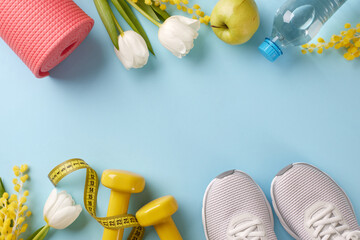 Spring recharge: Dynamic fitness workouts for an energetic season. Top view photo of measuring tape, yoga mat, apple, sneakers, water bottle, dumbbells, flowers on pastel blue background with ad space