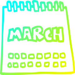 cold gradient line drawing cartoon calendar showing month of march