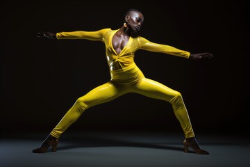 Fototapeta na wymiar African American non binary person in a striking yellow bodysuit assumes a dance stance, exuding confidence and fluid gender expression