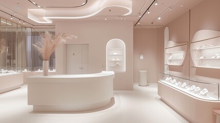 a front desk concept for a jewelry store, where clean lines and minimalist aesthetics blend seamlessly with touches of white and pink, creating a captivating visual representation of luxury. - obrazy, fototapety, plakaty