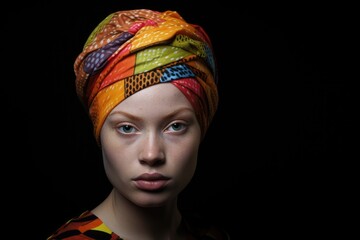 closeup portrait of a young woman with albinism, her vibrant headwrap juxtaposing her delicate features against a dark background