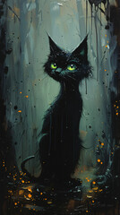 black cat with green eyes at night 
