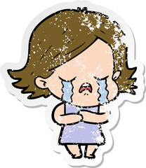 distressed sticker of a cartoon girl crying