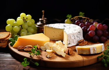 wooden  plate with cheese and grape