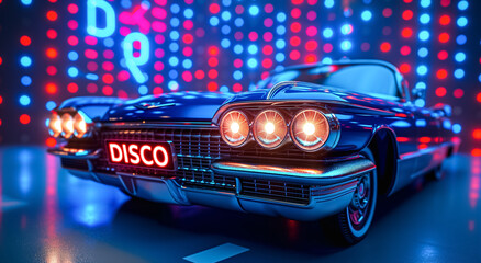 disco background with vintage car in shiny blue and purple neon lighting, disco party, nightclub