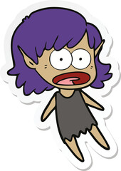 sticker of a cartoon shocked elf girl flying