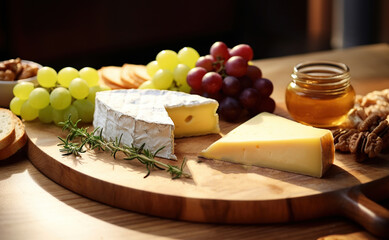 wooden plate with cheese, grape, honey, nuts