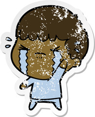 distressed sticker of a cartoon man crying