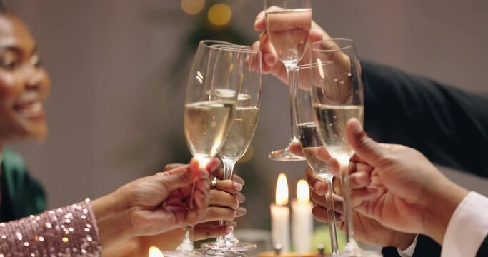 Group, hands and champagne toast for new year, celebration and party with business people in night. People, men and women with glasses, drink or sparkling wine for cheers, wish or happy at gala event