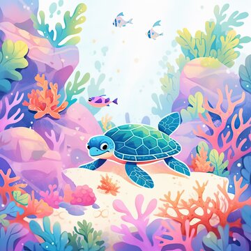 illustration, cute turtles, in the sea, multi-colored corals in the background, minimalism, close-up, the main object is turtles