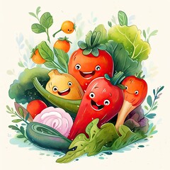 illustration for a children's book, vegetables with eyes and smiles
