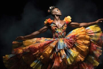 Fototapeta premium non binary person in a vibrant yellow floral dress strikes an expressive dance pose, embodying freedom and diversity, dark background