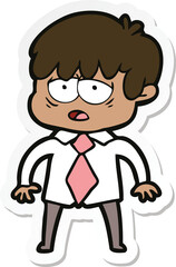 sticker of a cartoon exhausted boy