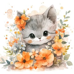illustration, simple watercolor, cute gray kitten, orange flowers around the kitten,