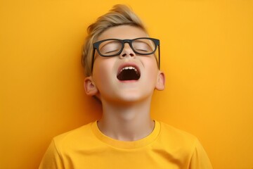 Young boy wearing glasses, his head tilted back, mouth wide open. He making funny face, singing or shouting. Kid in front of yellow wall background. Close-up view of boy emphasizes facial expression