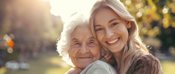 A young woman warmly embracing her elderly grandmother, basking in familial love