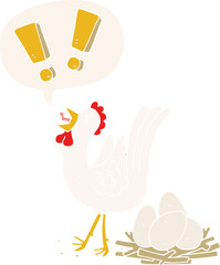 cartoon chicken laying egg and speech bubble in retro style