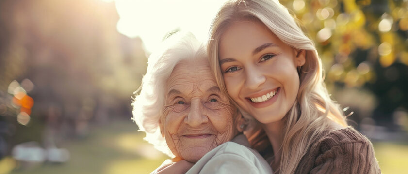 A young woman warmly embracing her elderly grandmother, basking in familial love