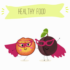 Cute  cartoon cherry plum characters with different activities. Flat vector illustration, funny fruits. Organic food.