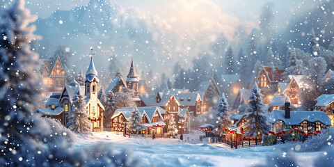 Christmas village with Snow in vintage style