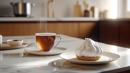 Fototapeta na wymiar a cup of tea accompanied by luscious meringue on a pristine white plate, offering a soothing visual retreat amidst sleek design aesthetics.