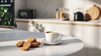 Obraz premium a steaming cup of coffee and a selection of delicate biscuits arranged on a pristine white table, offering a visual ode to simplicity and refinement.