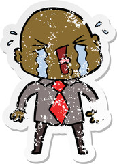 distressed sticker of a cartoon crying bald man