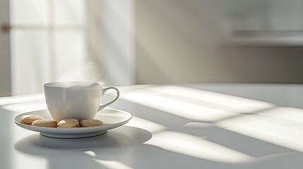 Fototapeta na wymiar a steaming cup of coffee and a selection of delicate biscuits arranged on a pristine white table, offering a visual ode to simplicity and refinement.