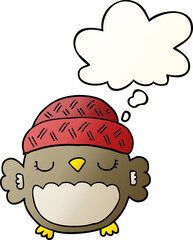 cute cartoon owl in hat and thought bubble in smooth gradient style