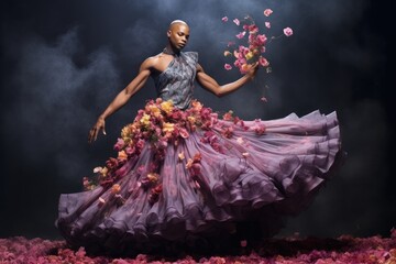 transgender person is enveloped in a lavish purple gown with floral adornments, their poised dance...