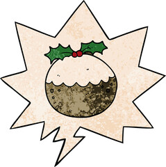 cartoon christmas pudding and speech bubble in retro texture style