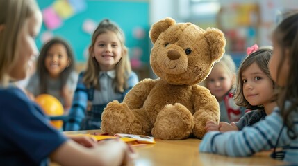 a teddy bear in the classroom as a symbol of comfort, creativity, and innovation. - obrazy, fototapety, plakaty