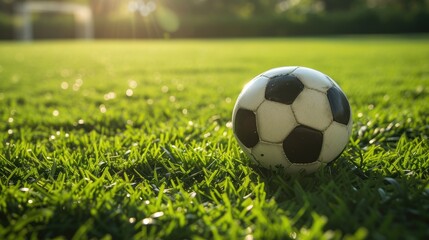 Obraz premium a soccer ball placed on green grass against, offering a direct view that highlights the sport's simplicity and beauty, enhanced by soft shadows and clear focus