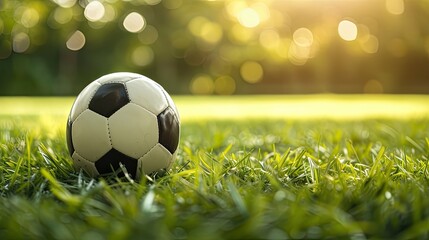a soccer ball placed on green grass against, offering a direct view that highlights the sport's simplicity and beauty, enhanced by soft shadows and clear focus - Powered by Adobe