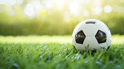 Fototapeta premium a soccer ball placed on green grass against, offering a direct view that highlights the sport's simplicity and beauty, enhanced by soft shadows and clear focus