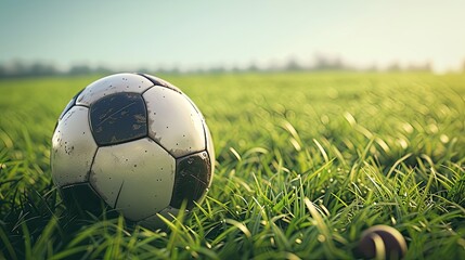 a soccer ball placed on green grass against, offering a direct view that highlights the sport's simplicity and beauty, enhanced by soft shadows and clear focus