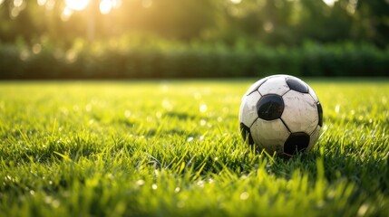a soccer ball placed on green grass against, offering a direct view that highlights the sport's...