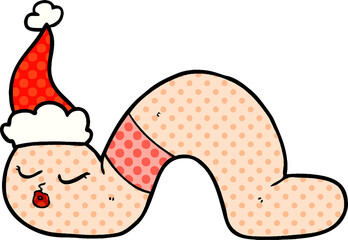 comic book style illustration of a worm wearing santa hat