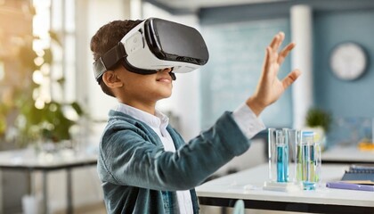 Side view portrait of little boy wearing VR headset and reaching out while testing augmented
