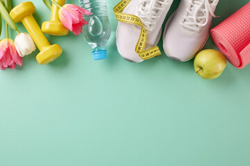 Get moving this spring: Exciting workouts to kickstart your fitness. Top view shot of measuring tape, yoga mat, water bottle, sneakers, dumbbells, apple, tulips on turquoise background with promo area